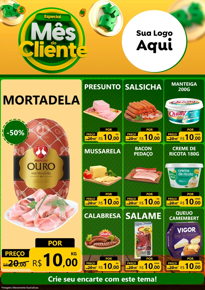 Modelo de Encarte para Encarte A4 Vertical com o tema Especial Mês do Cliente para Frios e Laticínios