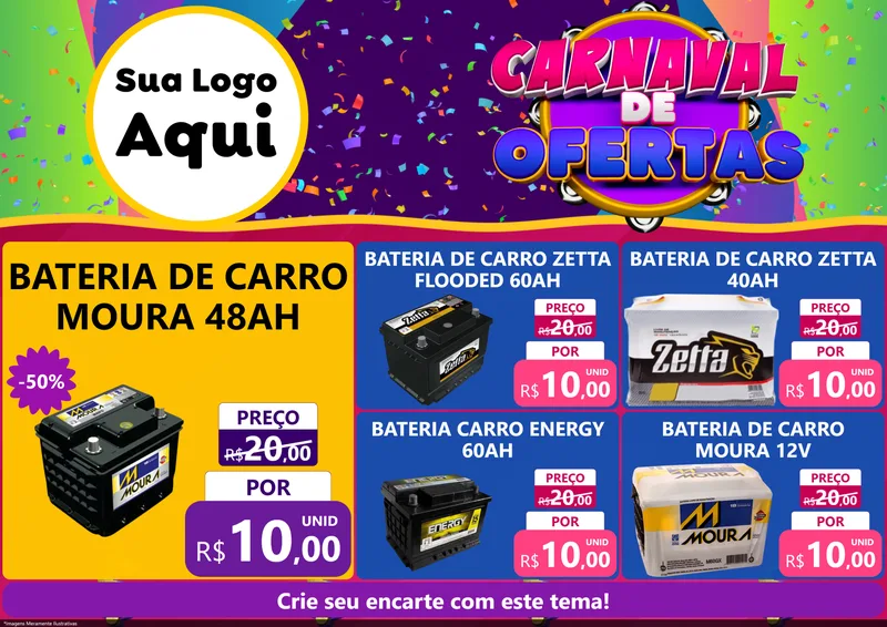 Modelo de Encarte para Encarte A4 Horizontal com o tema Carnaval de Ofertas para Baterias Elétricas
