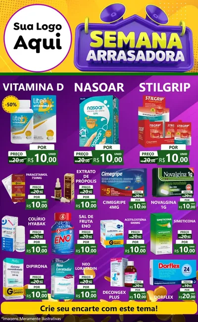 Modelo de Encarte para Encarte Grande com o tema Semana Arrasadora para Farmácia