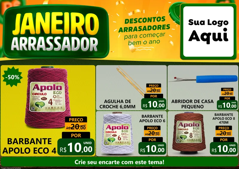 Modelo de Encarte para Encarte A4 Horizontal com o tema Janeiro Arrasador para Armarinho e Aviamentos