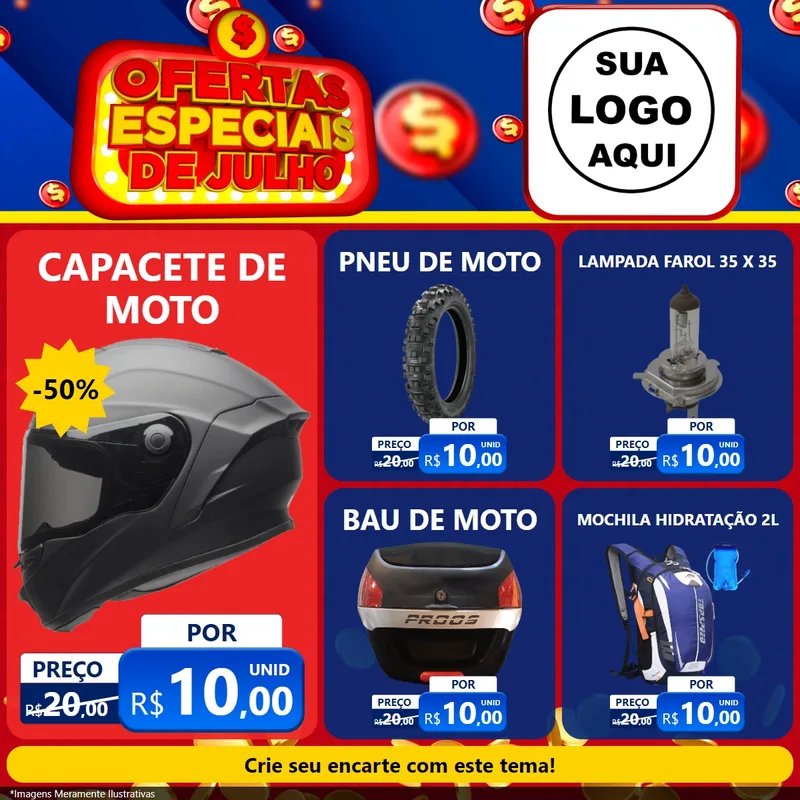 Modelo de Rede Social para Feed Facebook com o tema Ofertas Especiais de Julho para Moto peças