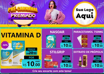 Modelo de Encarte para Encarte A4 Horizontal com o tema Pré-Carnaval Premiado para Farmácia