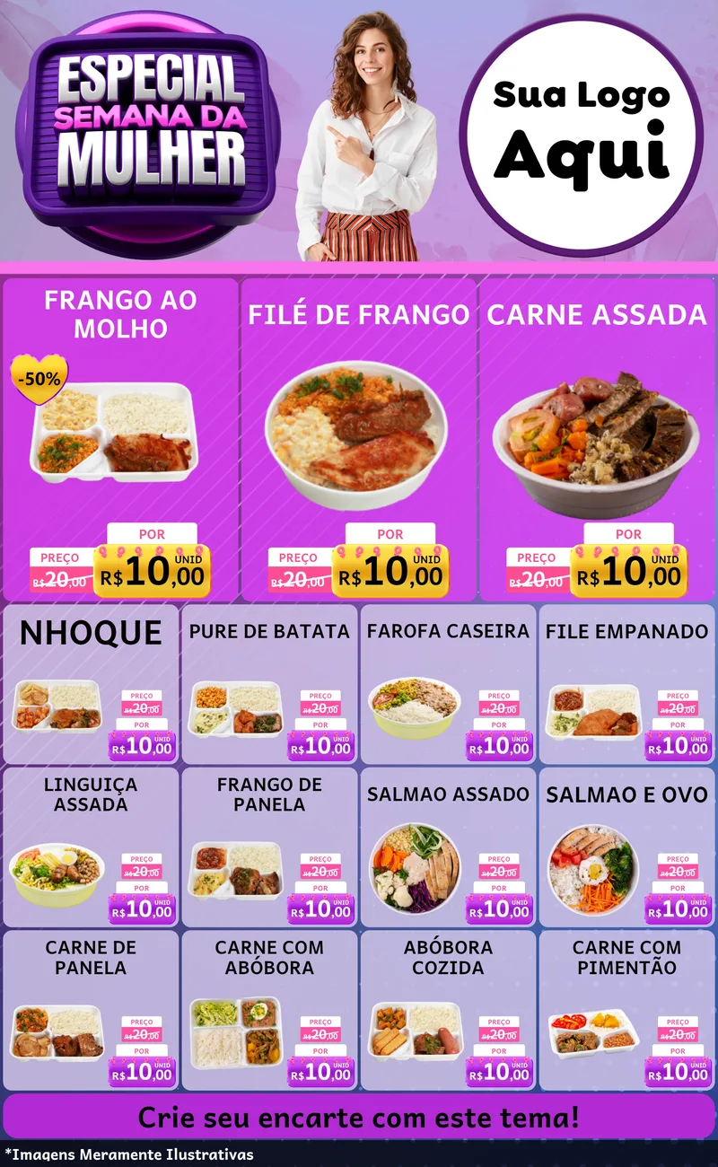 Modelo de Encarte para Encarte Grande com o tema Especial Semana da Mulher para Restaurante