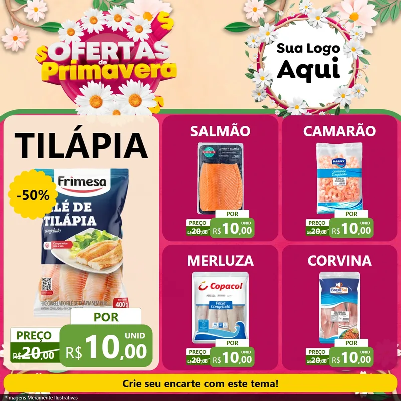 Modelo de Rede Social para Feed Facebook com o tema Ofertas de Primavera para Peixaria