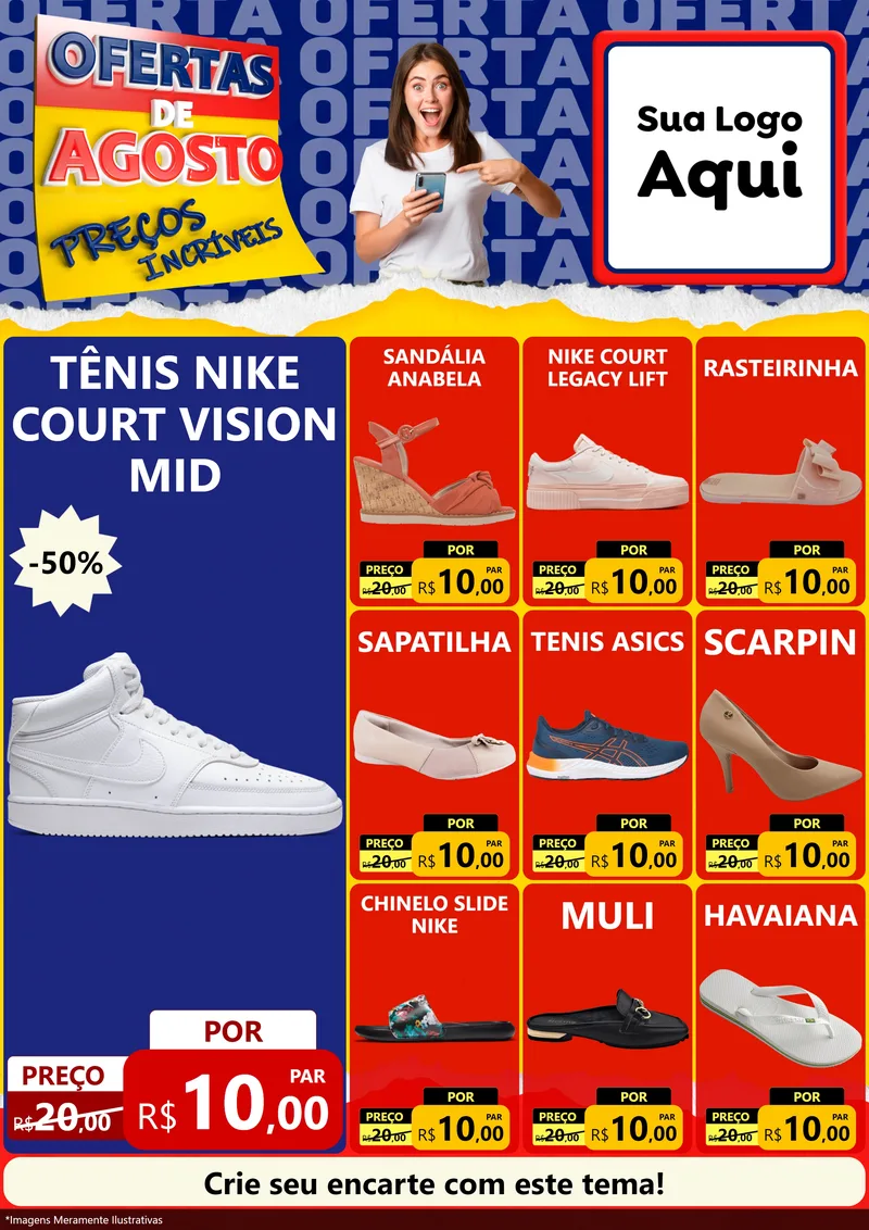Modelo de Encarte para Encarte A4 Vertical com o tema Ofertas de Agosto - Preços Incríveis para Calçados