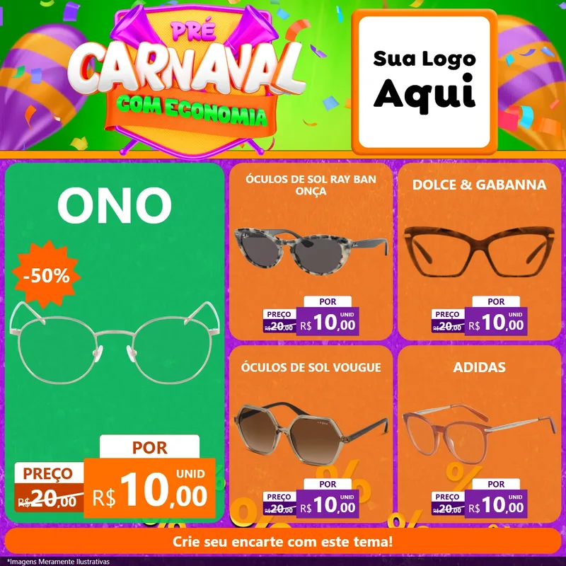 Modelo de Rede Social para Feed Facebook com o tema Pré-Carnaval Com Economia para Óticas