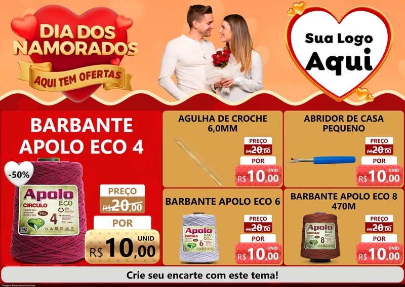 Modelo de Encarte para Encarte A4 Horizontal com o tema Dia dos Namorados - Aqui Tem Ofertas para Armarinho e Aviamentos