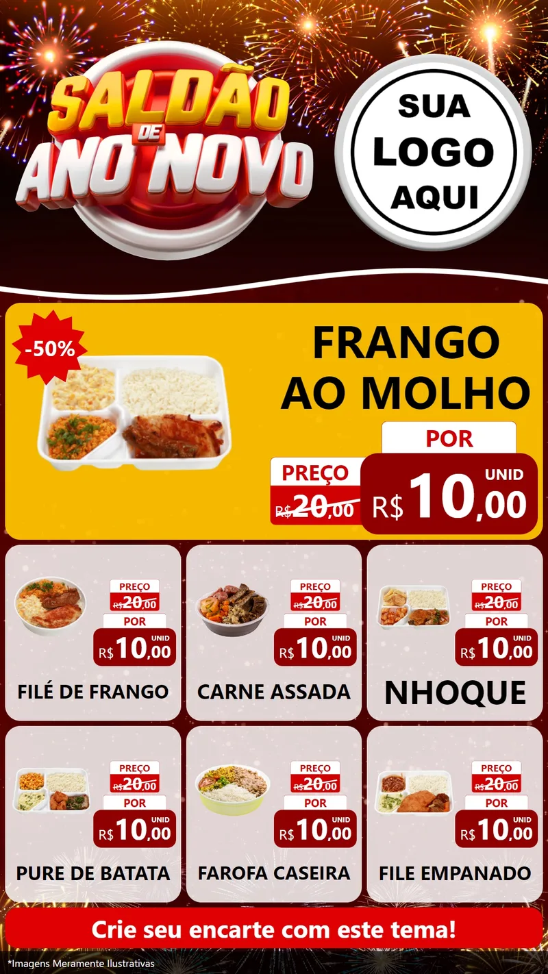 Modelo de Rede Social para Stories com o tema Saldão de Ano Novo para Restaurante