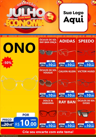 Modelo de Encarte para Encarte A4 Vertical com o tema Operação Julho Com Mais Economia para Óticas
