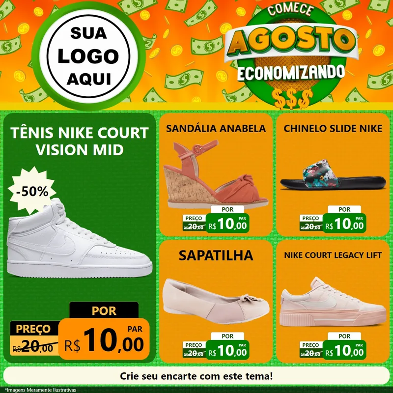Modelo de Rede Social para Feed Facebook com o tema Comece Agosto Economizando para Calçados