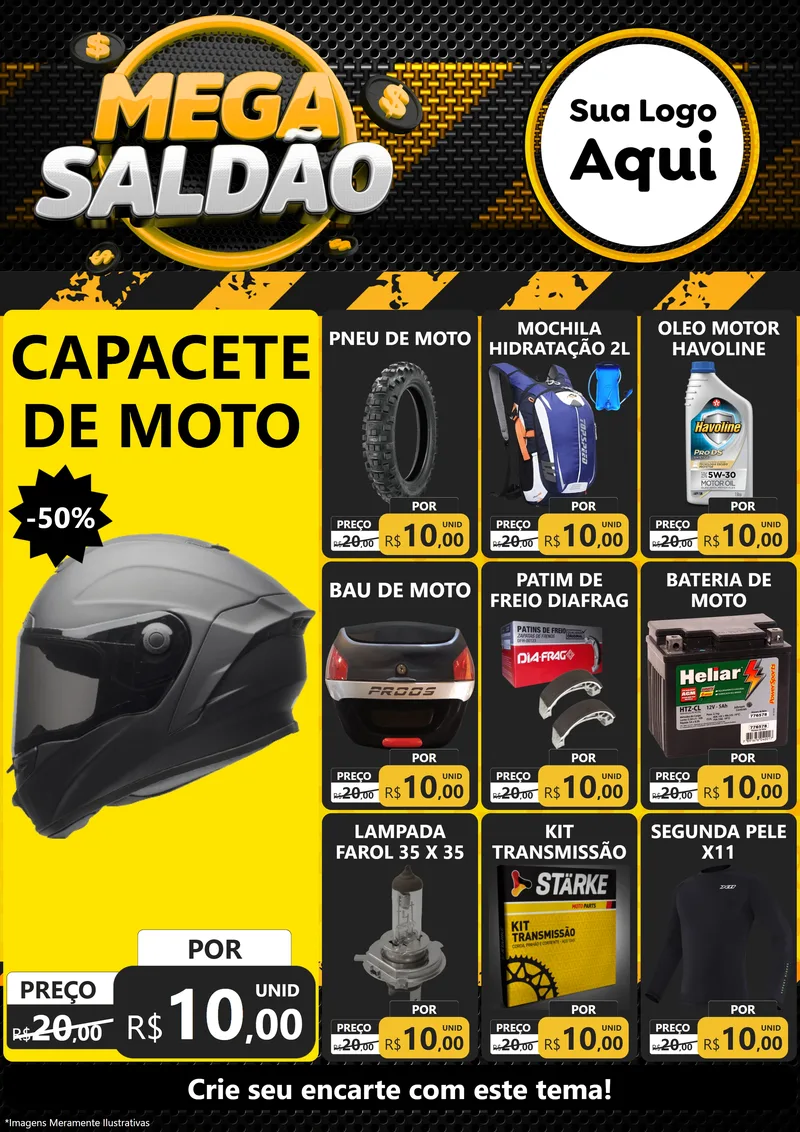 Modelo de Encarte para Encarte A4 Vertical com o tema Mega Saldão para Moto peças