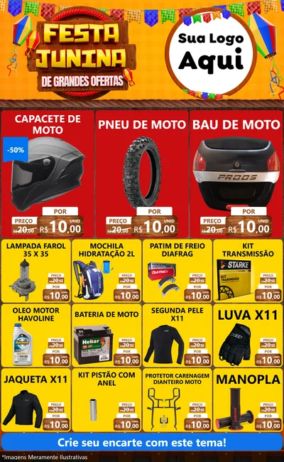 Modelo de Encarte para Encarte Grande com o tema Festa Junina de Grandes Ofertas para Moto peças