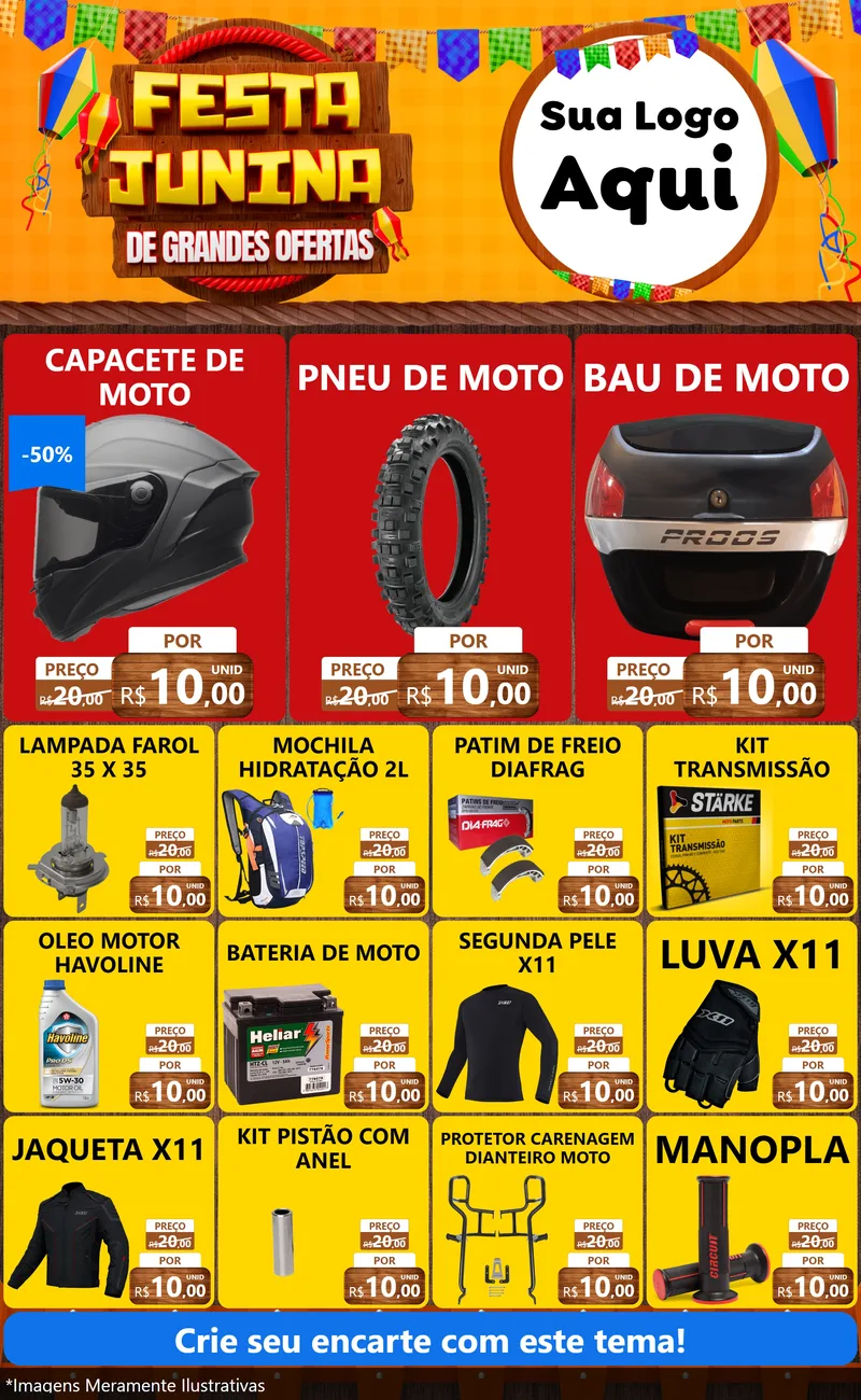 Modelo de Encarte para Encarte Grande com o tema Festa Junina de Grandes Ofertas para Moto peças