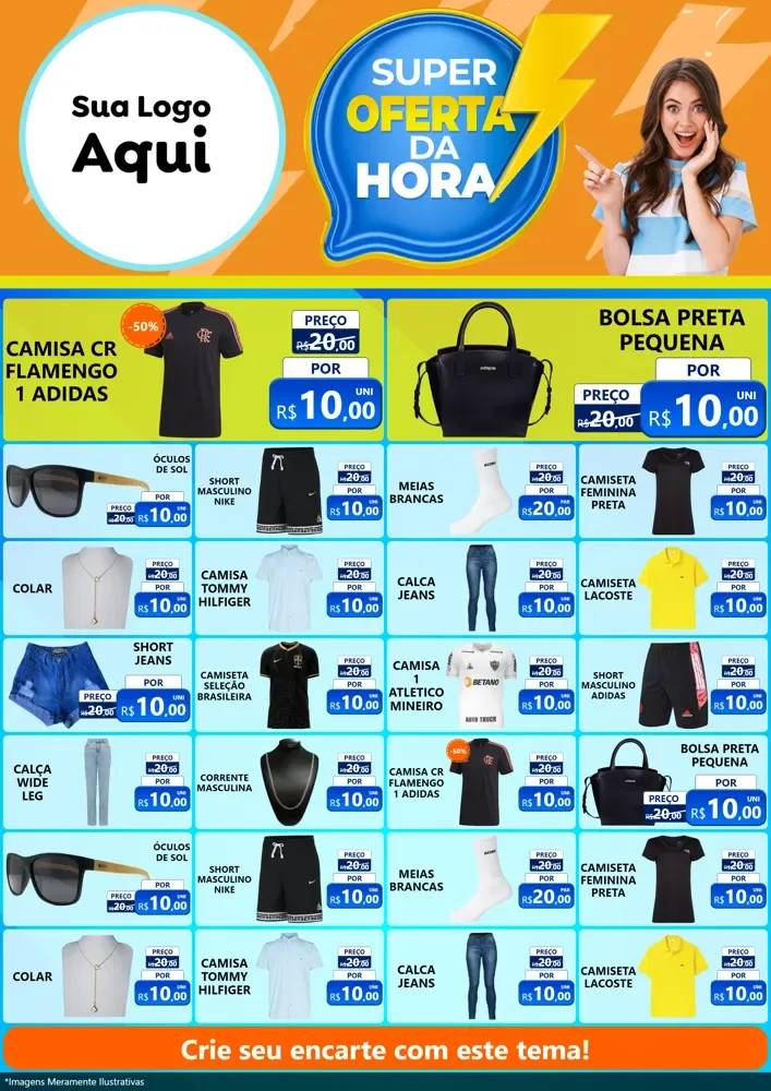 Modelo de Encarte para Encarte A4 Vertical com o tema Super Oferta da Hora para Roupas e acessórios
