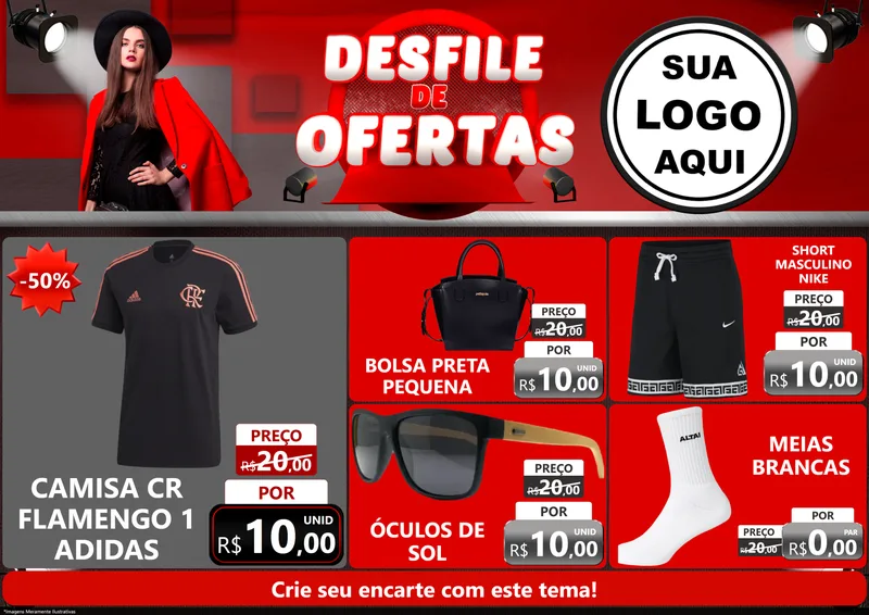 Modelo de Encarte para Encarte A4 Horizontal com o tema Desfile de Ofertas para Roupas e acessórios