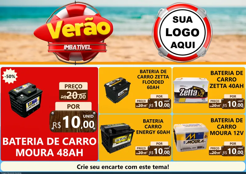 Modelo de Encarte para Encarte A4 Horizontal com o tema Verão Imbatível para Baterias Elétricas