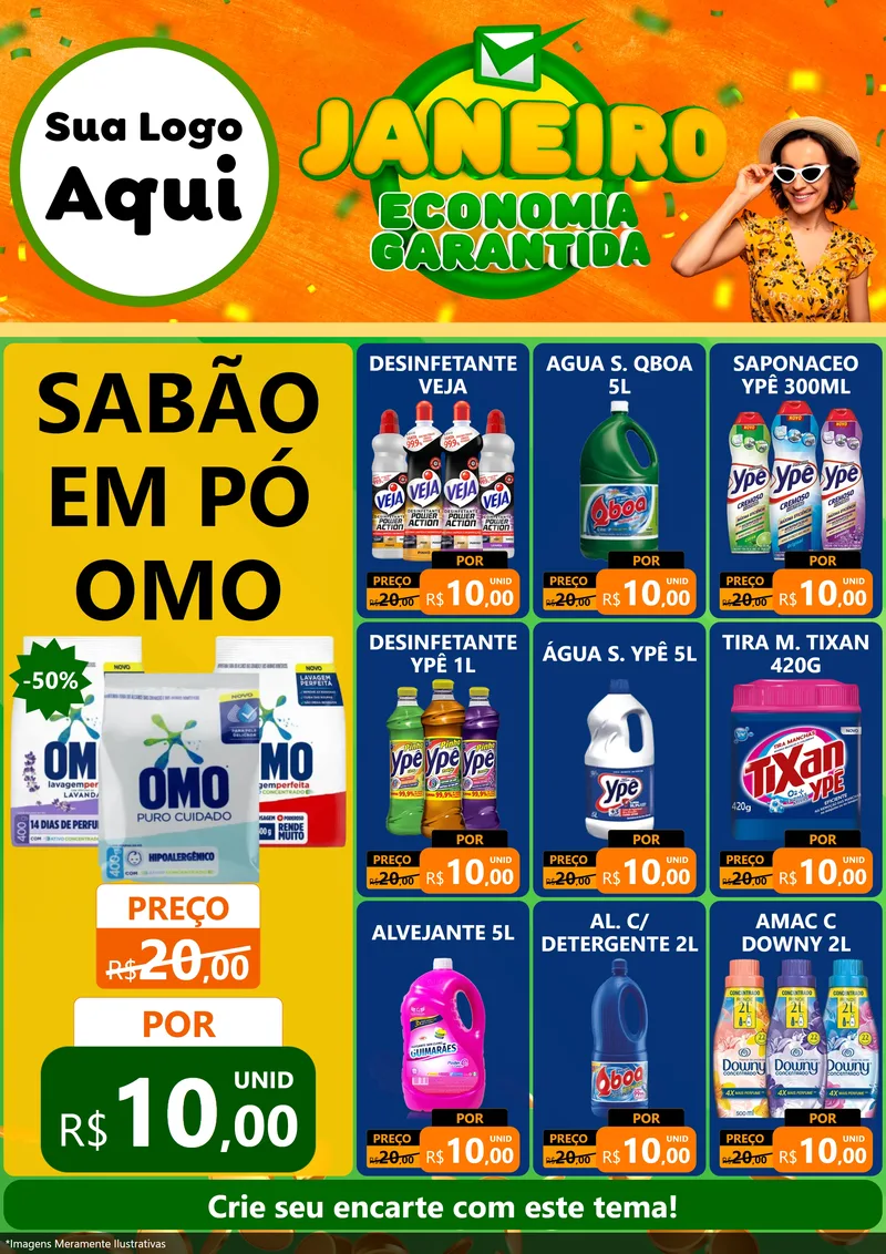 Modelo de Encarte para Encarte A4 Vertical com o tema Janeiro - Economia Garantida para Produtos de Limpeza