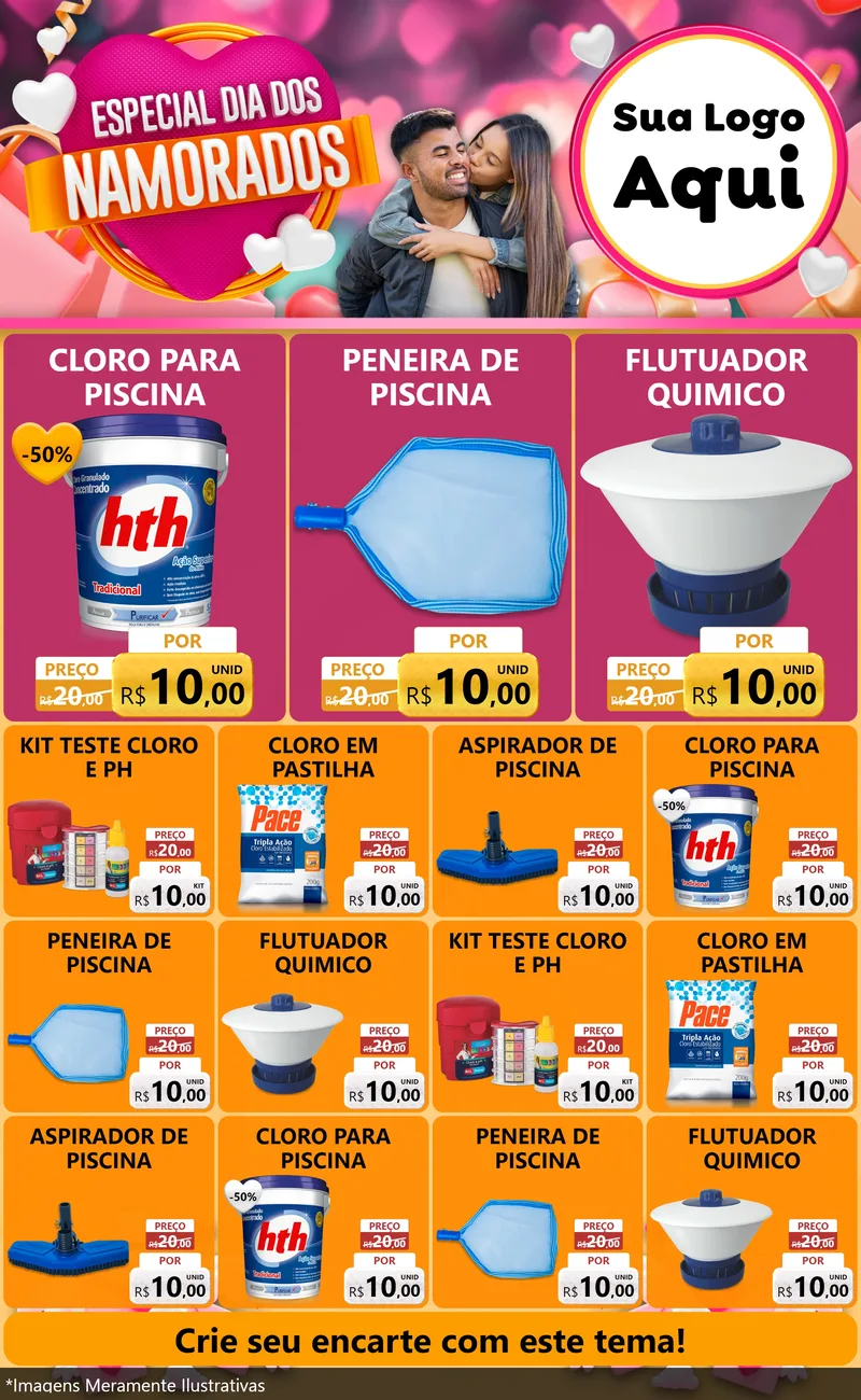 Modelo de Encarte para Encarte Grande com o tema Especial Dia dos Namorados para Produtos para Piscina