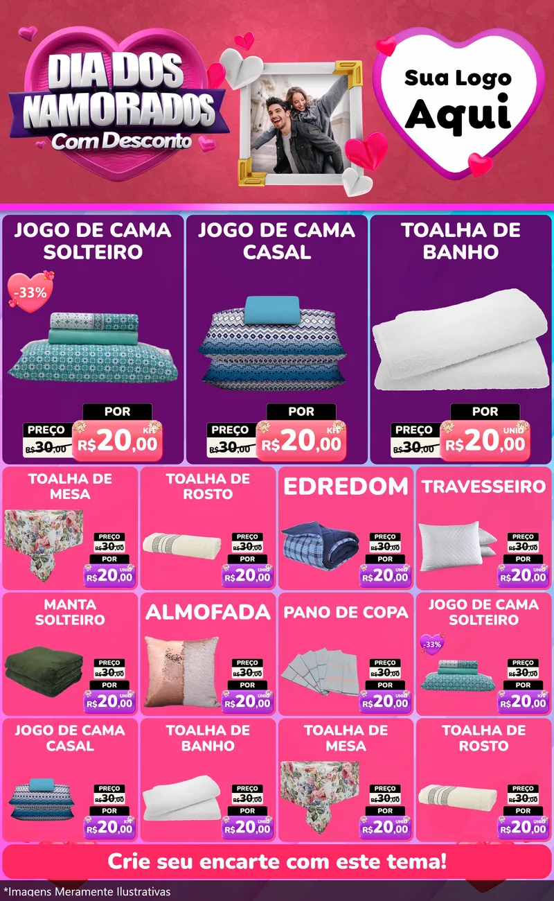 Modelo de Encarte para Encarte Grande com o tema Dia Dos Namorados Com Desconto para Cama, Mesa e Banho