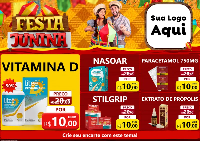 Modelo de Encarte para Encarte A4 Horizontal com o tema Festa Junina para Farmácia