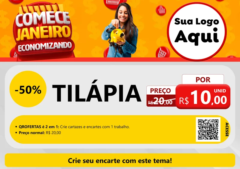 Modelo de Cartaz para Cartaz A4 Horizontal com o tema Comece Janeiro Economizando para Peixaria