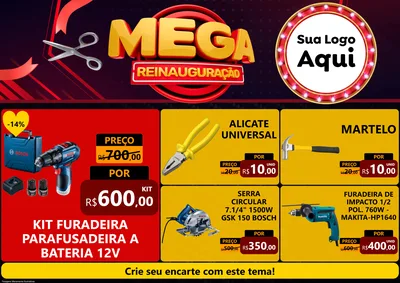 Modelo de Encarte para Encarte A4 Horizontal com o tema Mega Reinauguração para Maquinas e Ferramentas