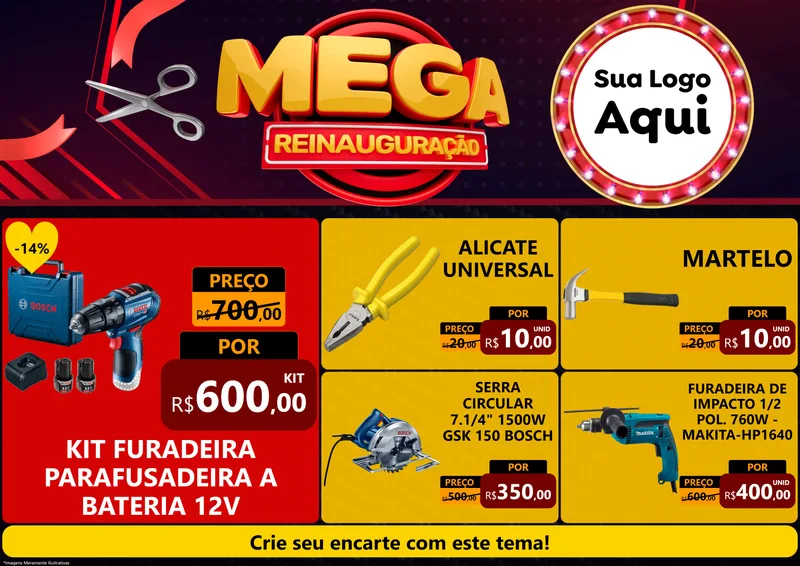 Modelo de Encarte para Encarte A4 Horizontal com o tema Mega Reinauguração para Maquinas e Ferramentas