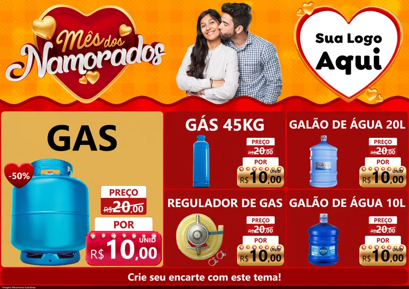 Modelo de Encarte para Encarte A4 Horizontal com o tema Mês dos Namorados para Água e gás