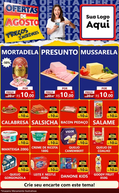 Modelo de Encarte para Encarte Grande com o tema Ofertas de Agosto - Preços Incríveis para Frios e Laticínios