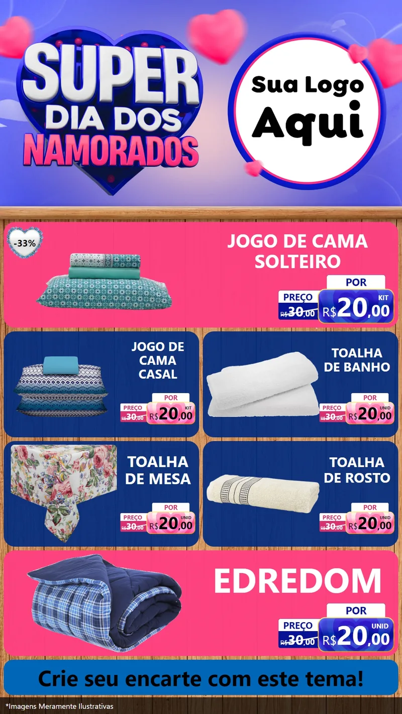 Modelo de TV para TV Vertical com o tema Super Dia dos Namorados para Cama, Mesa e Banho