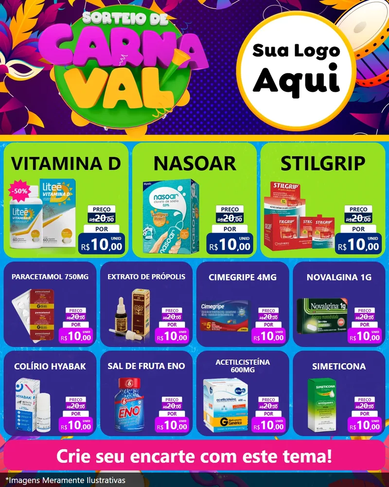 Modelo de Rede Social para Feed Instagram com o tema Sorteio de Carnaval para Farmácia