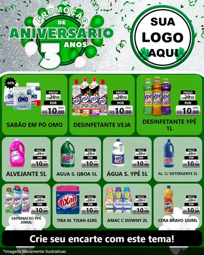 Modelo de Rede Social para Feed Instagram com o tema Promoção de Aniversário - 3 Anos para Produtos de Limpeza