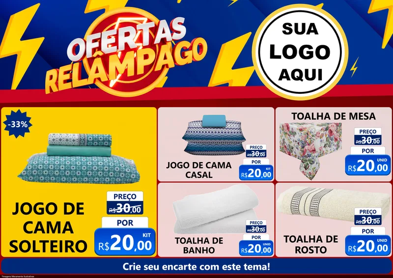Modelo de Encarte para Encarte A4 Horizontal com o tema Ofertas Relâmpago para Cama, Mesa e Banho
