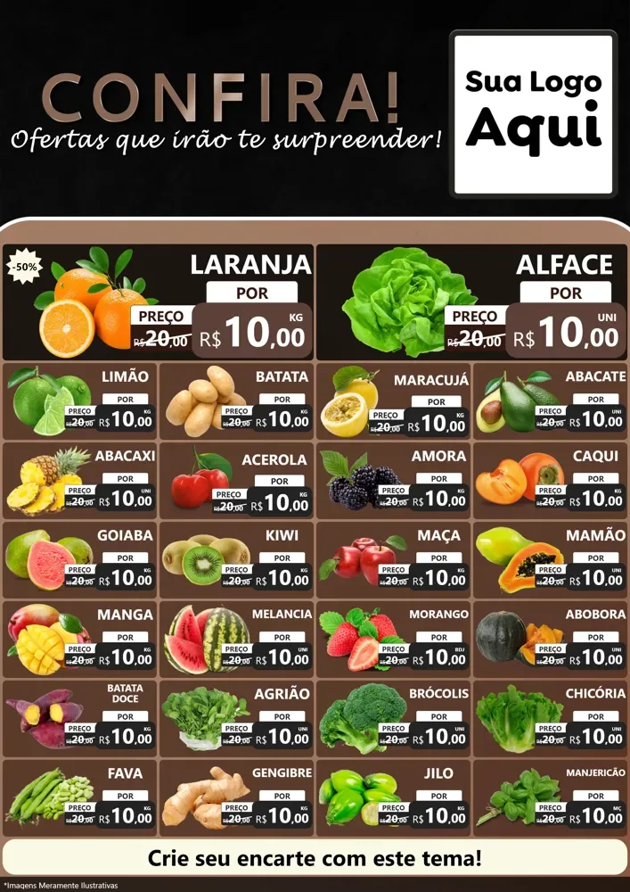 Modelo de Encarte para Encarte A4 Vertical com o tema Confira! Ofertas que irão te surpreender! para Hortifrúti