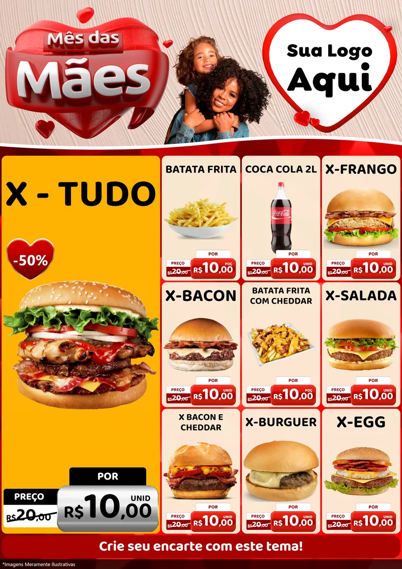 Modelo de Encarte para Encarte A4 Vertical com o tema Mês das Mães para Hamburgueria