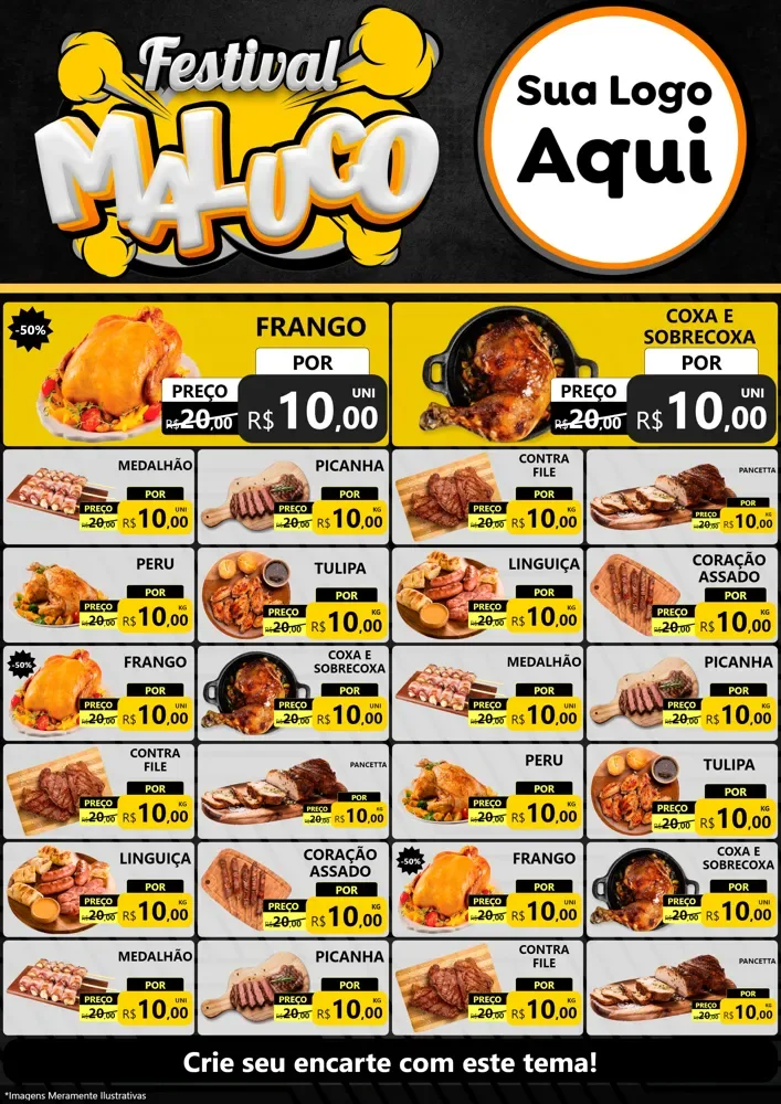 Modelo de Encarte para Encarte A4 Vertical com o tema Festival Maluco para Assados