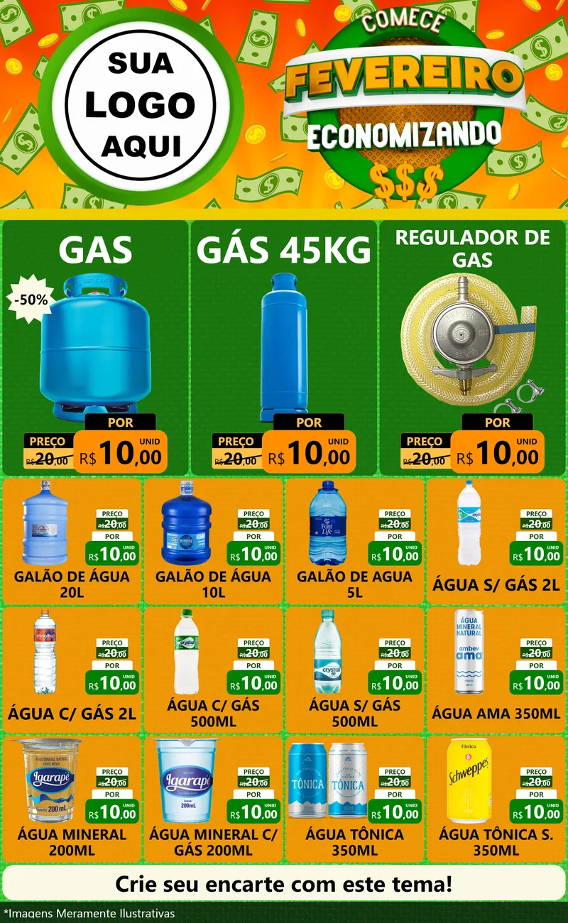 Modelo de Encarte para Encarte Grande com o tema Comece Fevereiro Economizando para Água e gás