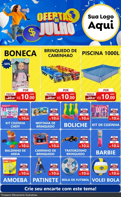 Modelo de Encarte para Encarte Grande com o tema Ofertas de Julho para Brinquedos