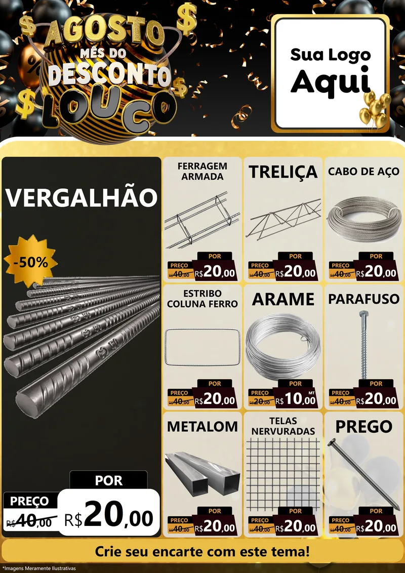 Modelo de Encarte para Encarte A4 Vertical com o tema Agosto Mês do Desconto Louco para Ferragens