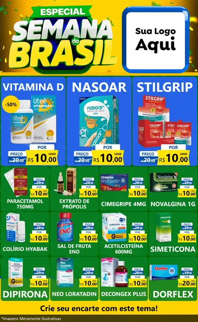 Modelo de Encarte para Encarte Grande com o tema Especial Semana do Brasil para Farmácia