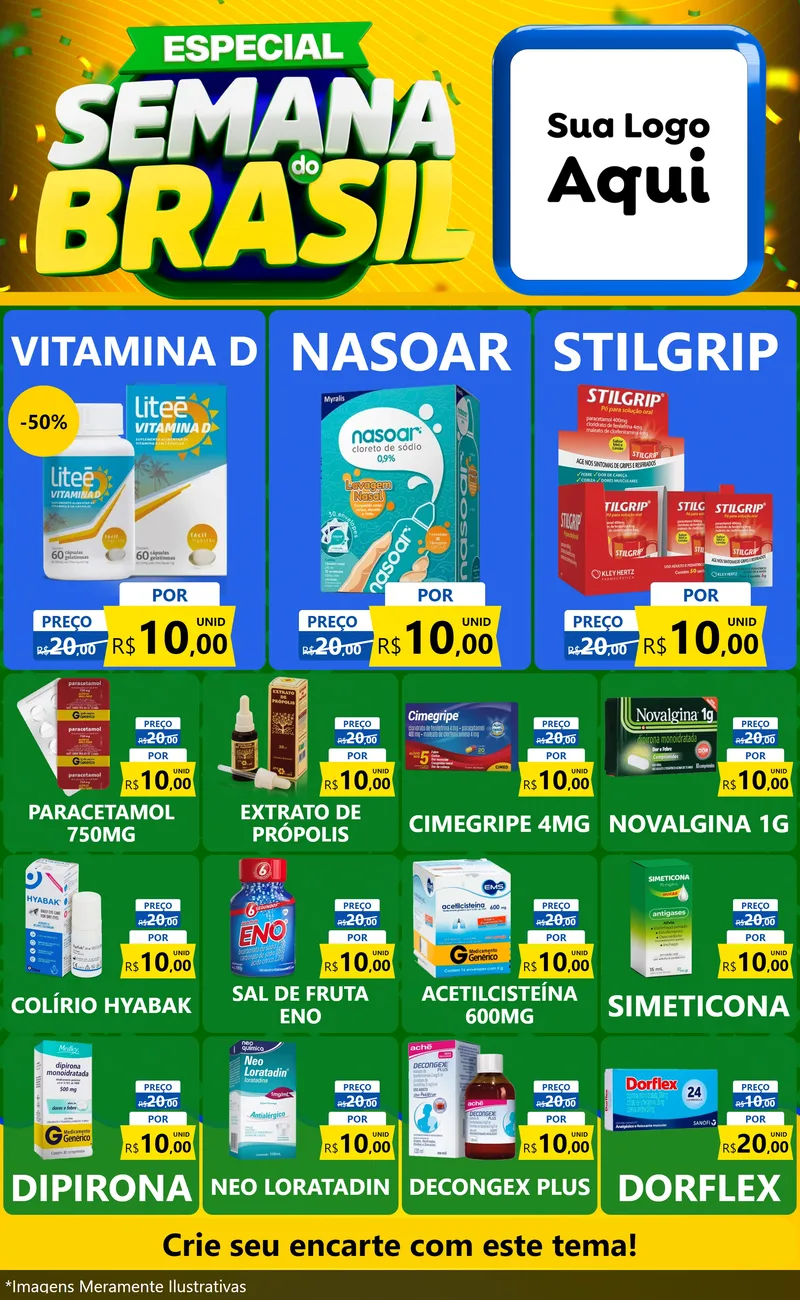 Modelo de Encarte para Encarte Grande com o tema Especial Semana do Brasil para Farmácia