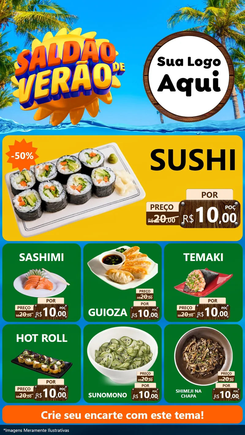 Modelo de Rede Social para Stories com o tema Saldão de Verão para Comida japonesa