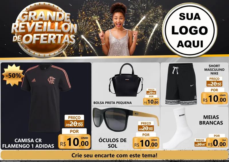 Modelo de Encarte para Encarte A4 Horizontal com o tema Grande Réveillon de Ofertas para Roupas e acessórios