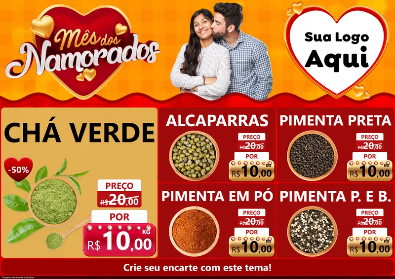 Modelo de Encarte para Encarte A4 Horizontal com o tema Mês dos Namorados para Produtos Naturais