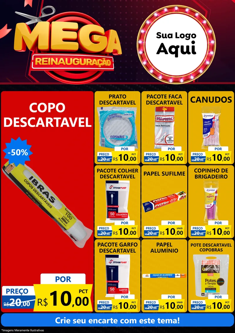 Modelo de Encarte para Encarte A4 Vertical com o tema Mega Reinauguração para Embalagens