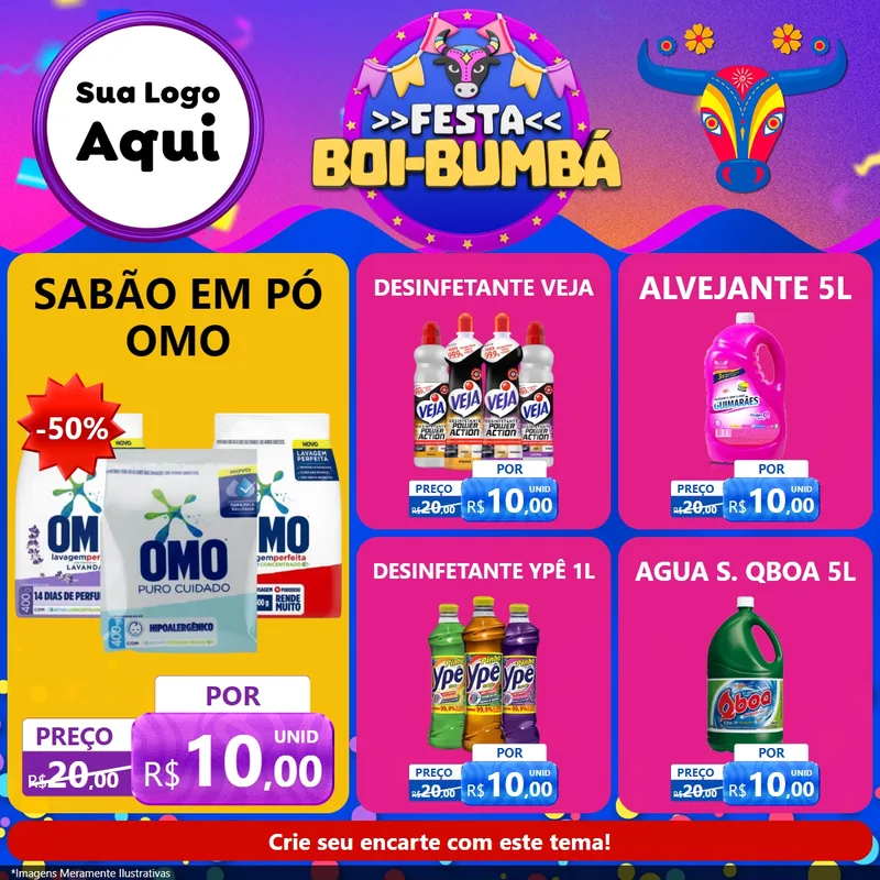 Modelo de Rede Social para Feed Facebook com o tema Festa Boi-Bumbá para Produtos de Limpeza