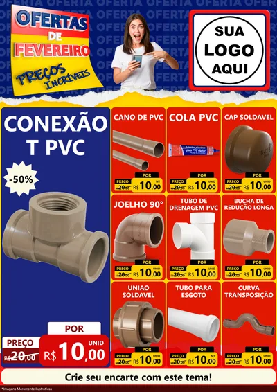 Modelo de Encarte para Encarte A4 Vertical com o tema Ofertas de Fevereiro - Preços Incríveis para Tubos e conexões