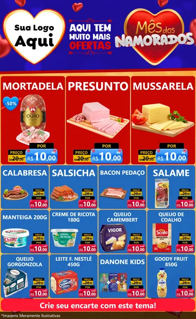 Modelo de Encarte para Encarte Grande com o tema Mês dos Namorados para Frios e Laticínios