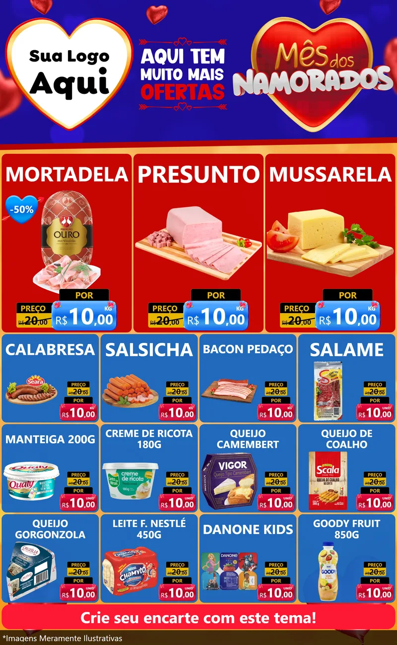 Modelo de Encarte para Encarte Grande com o tema Mês dos Namorados para Frios e Laticínios
