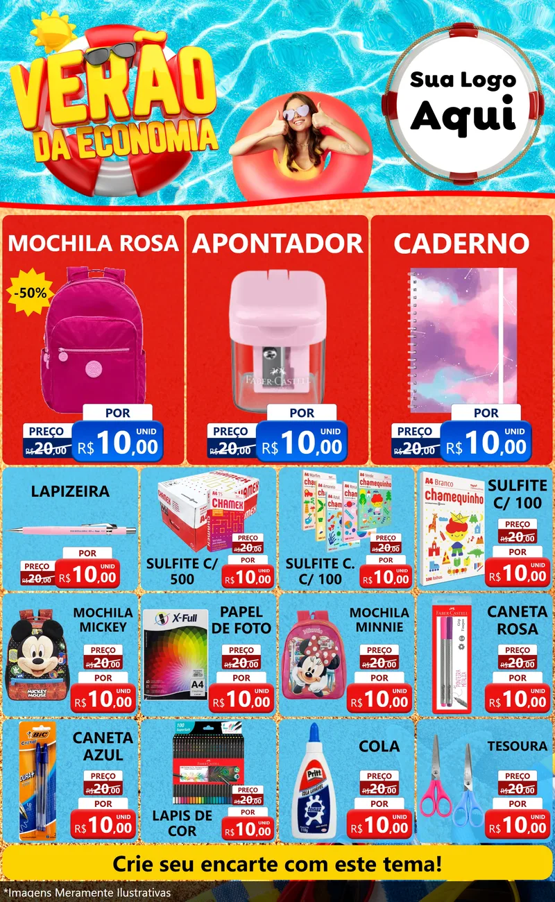 Modelo de Encarte para Encarte Grande com o tema Verão da Economia para Papelaria